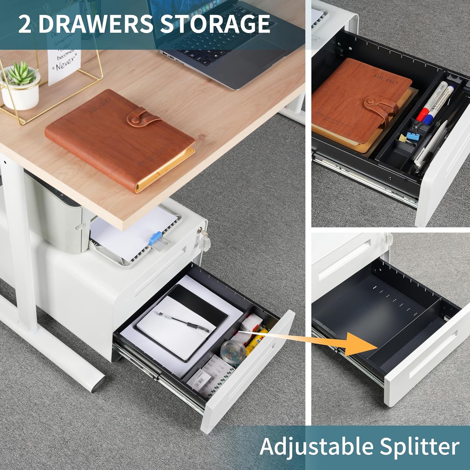 Under Desk Printer Stand with Storage – 2-Drawer Printer Table for Home & Office, Mobile Printer Cart with 2 Sets of Casters and Lockable Drawers, 4 Keys, White