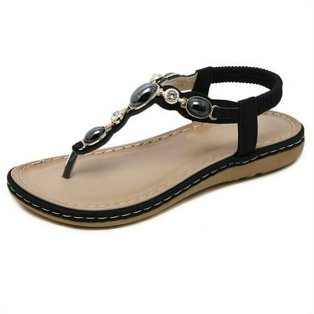 

Summer Braided Flats Sandals for Women Casual Bohemian Beach Elastic T-Strap Thong Flip Flops Shoes