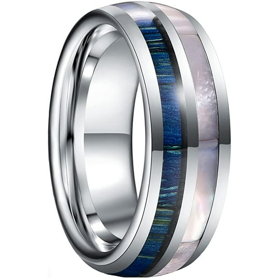 Silver Tungsten Ring invaid with Blue Wood and Mother of Pearl 8mm Domed Wedding Band Engagement Ring for Men Women Comfort Fit Size 7-12