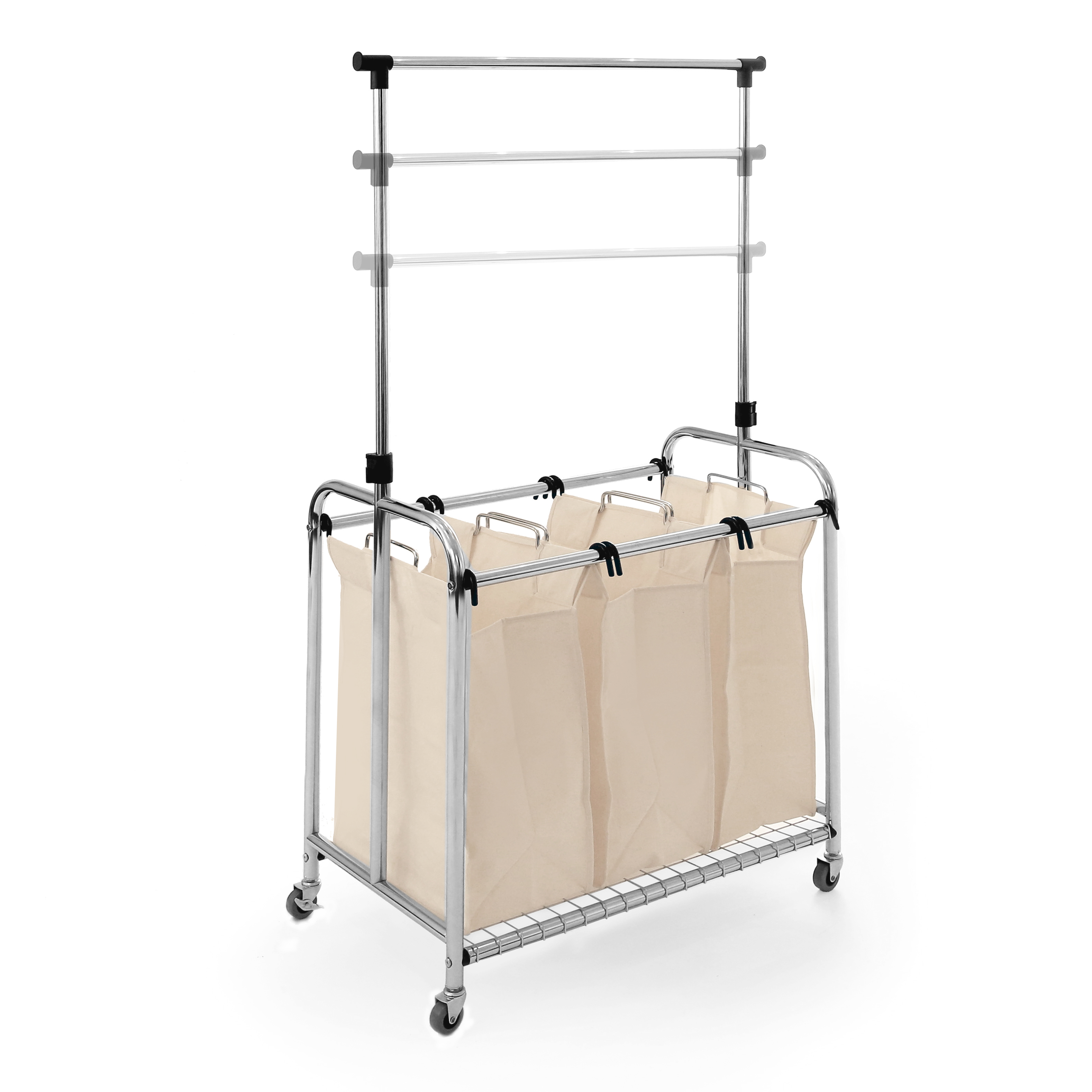 Seville Classics 3-Bag Heavy-Duty Laundry Sorter with Clothes Rack, Black, Off-white and Silver - image 5 of 11