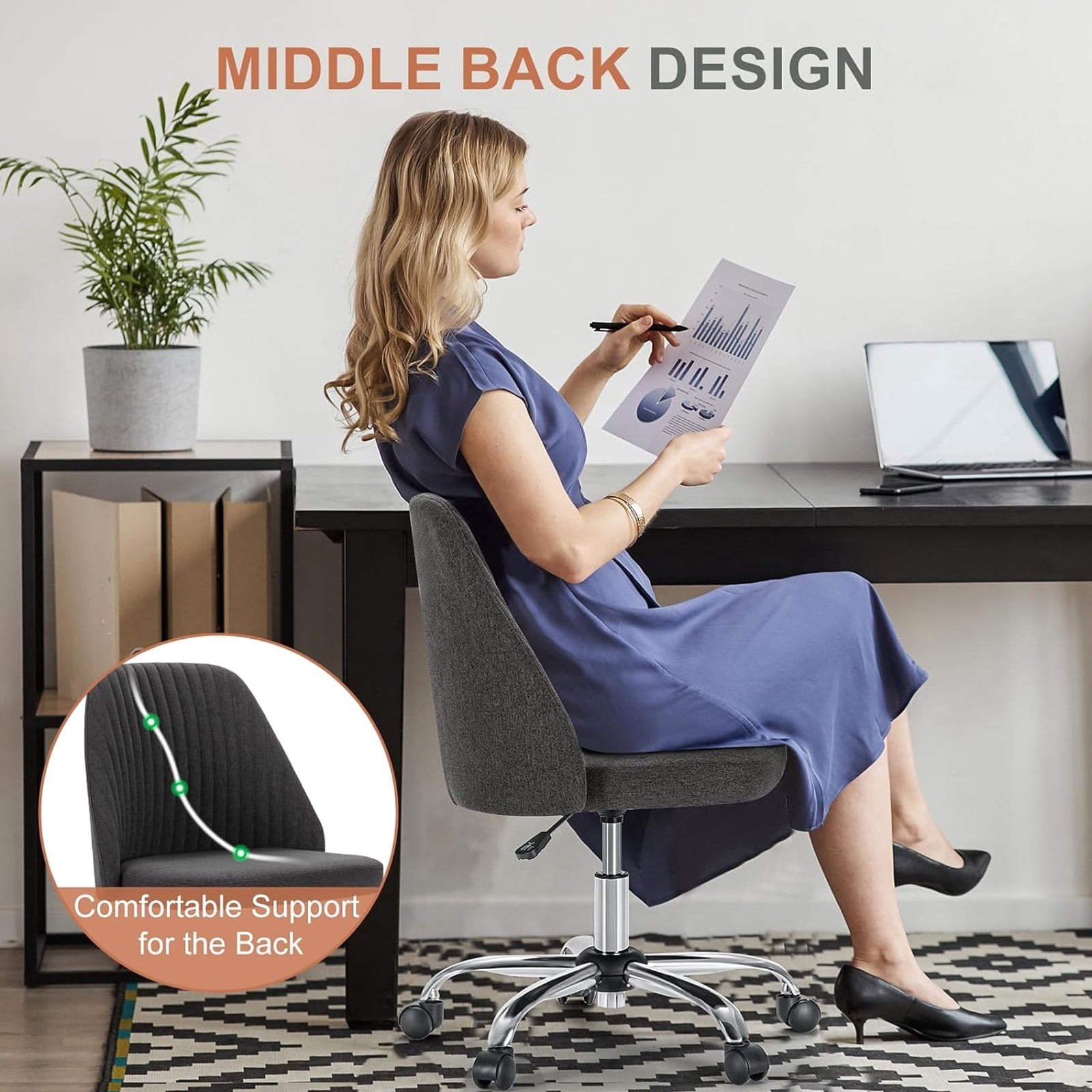 Casabay Armless Office Chair, Extra Cushion Padded Compact Upholstered Desk Chair with Back Support, Rolling Swivel Vanity Chair for Home Office, Dark Gray