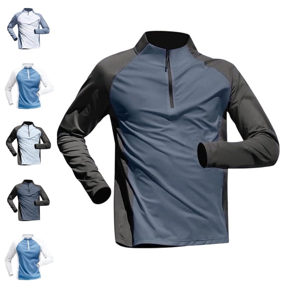 Zivyakyron Long Sleeve Men's Shirts Fall Athletic Running Quick Dry Quarter Zip Raglan Top Stand up Collar Colorblock Light Blue XL