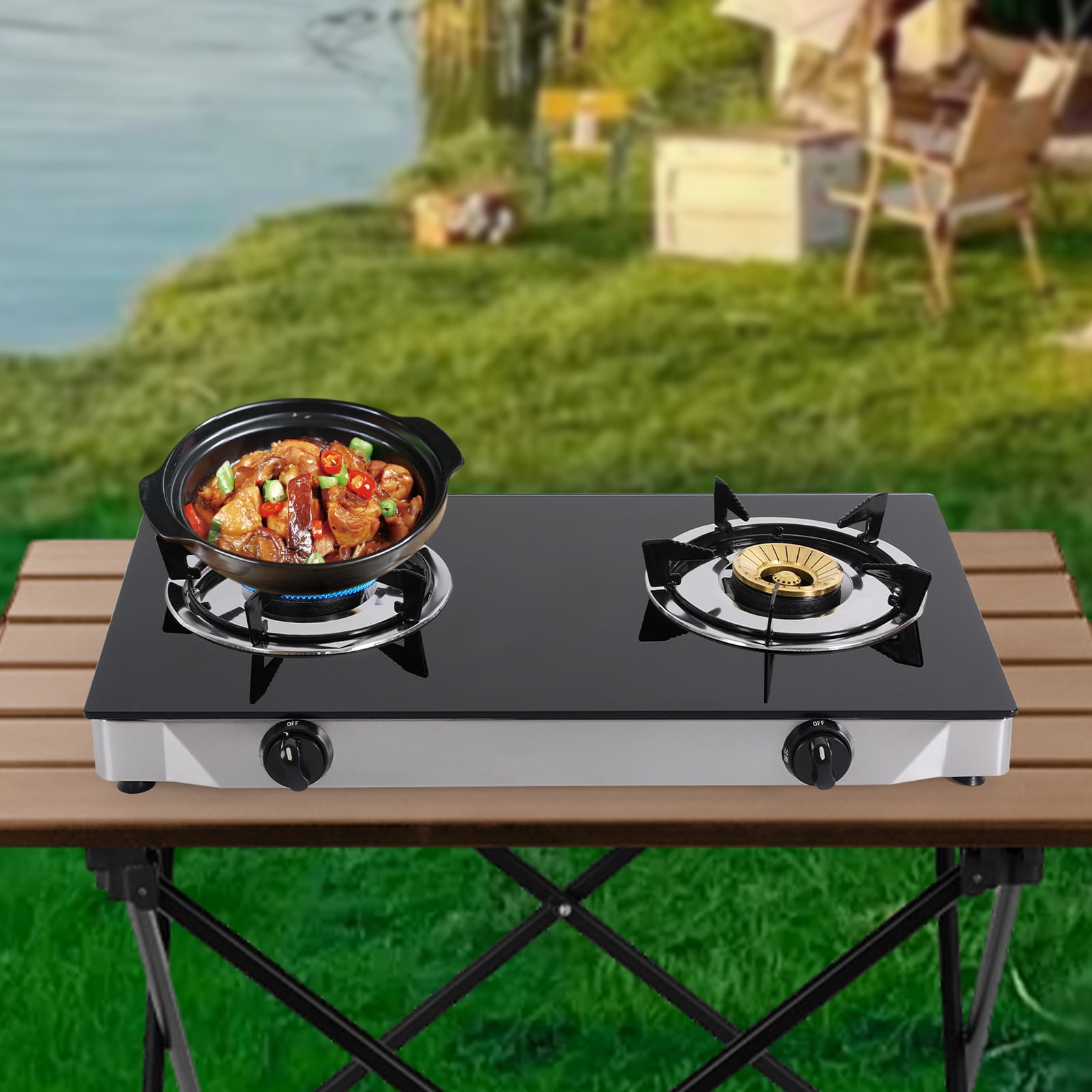 Propane Gas Stove, 7KW Power, Tempered Glass and Stainless Steel Construction, Independent Control Knobs with Child Lock, Energy-Efficient and Environmentally Friendly, Easy to Clean