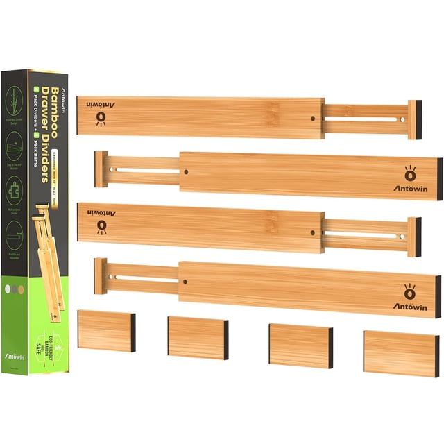 ANTOWIN Organizadores divisores de cajones de bambú, separadores de cajones, organizador con resorte ajustable de 17 a 22 pulgadas de largo para utensilios grandes, ropa, cajones de herramientas (amar