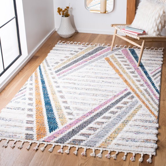 Safavieh Moroccan Fringe Billy Geometric Striped Shag Area Rug, Ivory/Gray, 8' x 10'