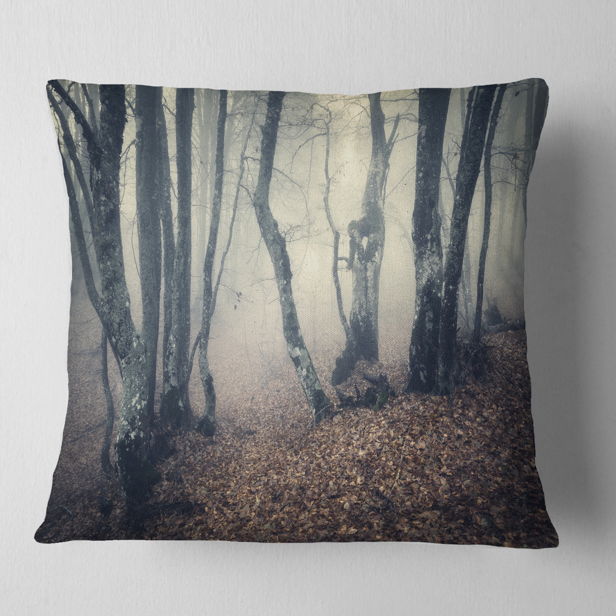 Designart Mystical Yellow Fog in Fall Forest - Landscape Photography Throw Pillow - 16x16
