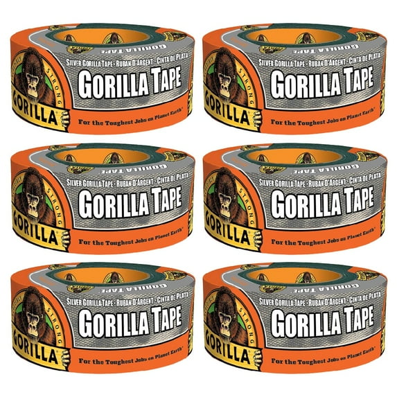 Gorilla Tape Silver Grey Duct Tape Adhesive Indoor Outdoor 1.88 in x 12 yd, 6-Pack