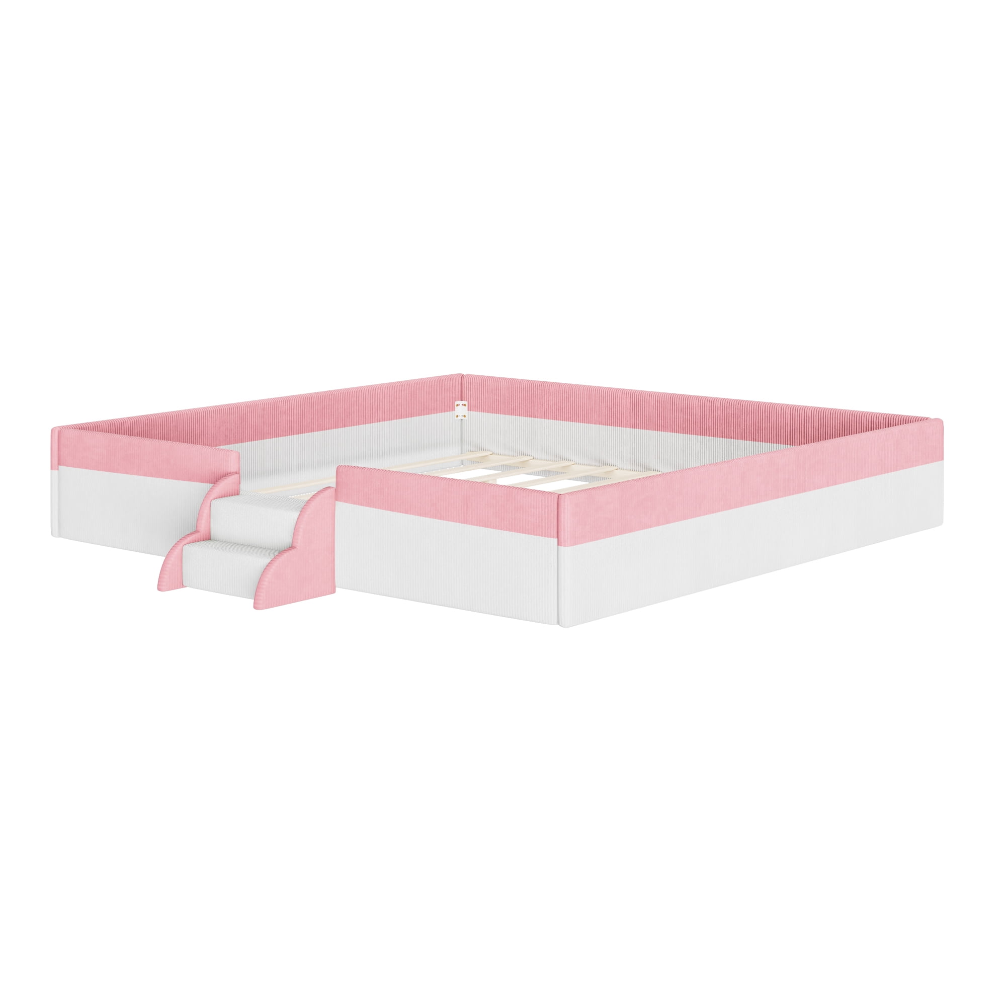 Howcool King Size Corduroy Upholstered Floor Bed with Fence and Smart LED Lights,2-Tier Steps Platform Bed Frame,Pink+White