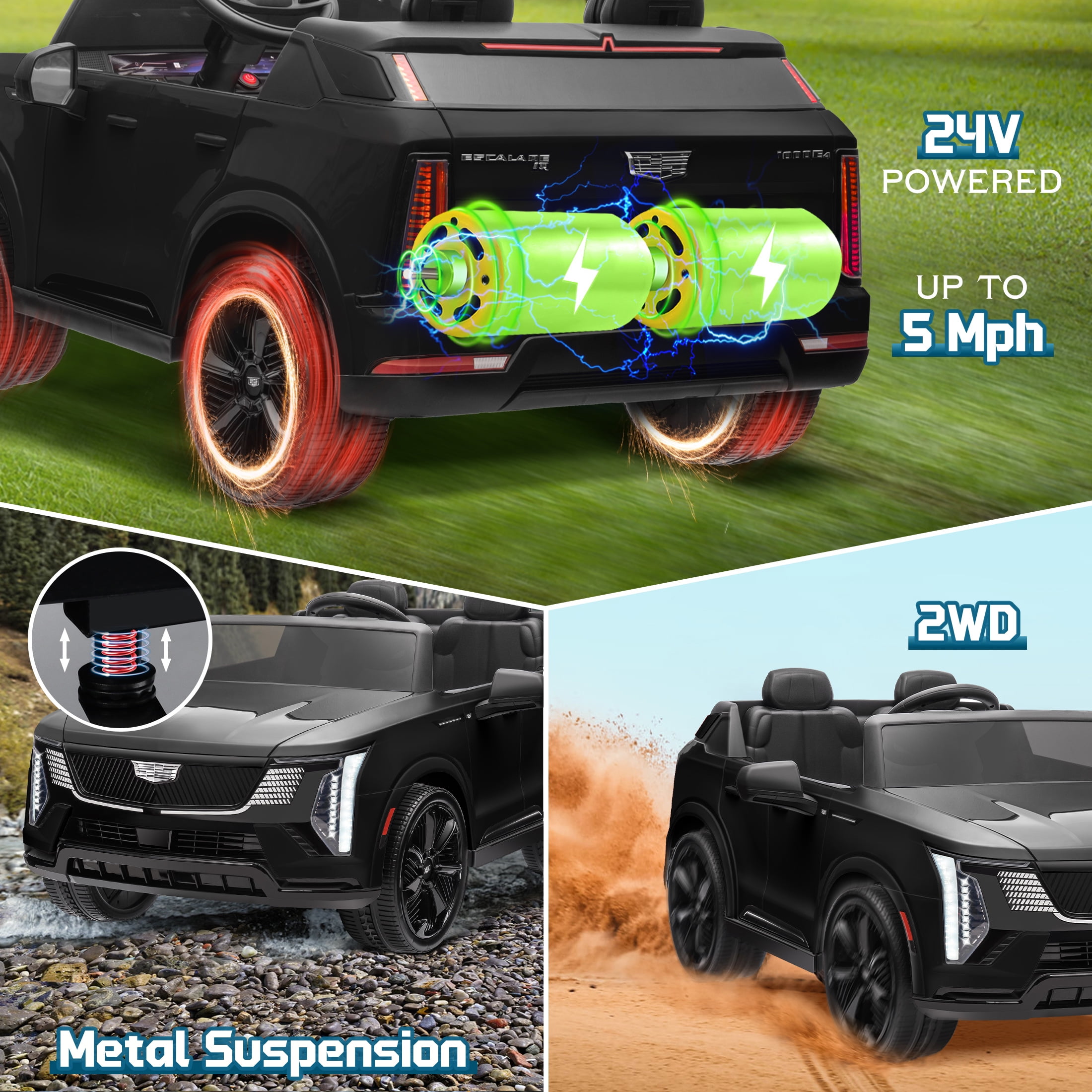 24V 2 Seater Ride on Cars, Licensed Cadillac Escalade IQ Powered Ride on Toys Truck with Remote Control, 4 Wheels Spring Suspension, LED Light, Electric Cars for Kids Ages 3-8 Gifts, Black