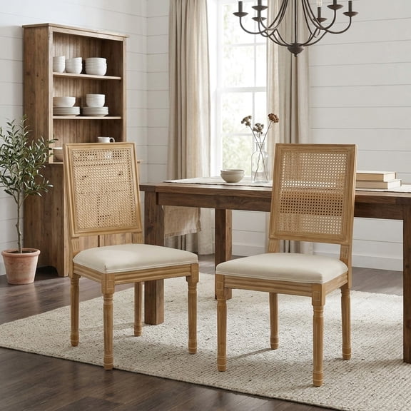 FFZ 38.8"Tall French Decor Dining Chairs Set of 2 with Rattan Backrest, Solid Wood Frame, Beige