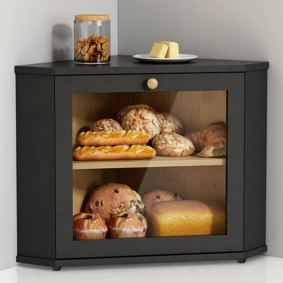 Corner Bread Box for Kitchen Countertop, TAIMASI 2 Tier Bread Storage Container, Large Breadbox Under Cabinet Organizer for Homemade Bread, Black