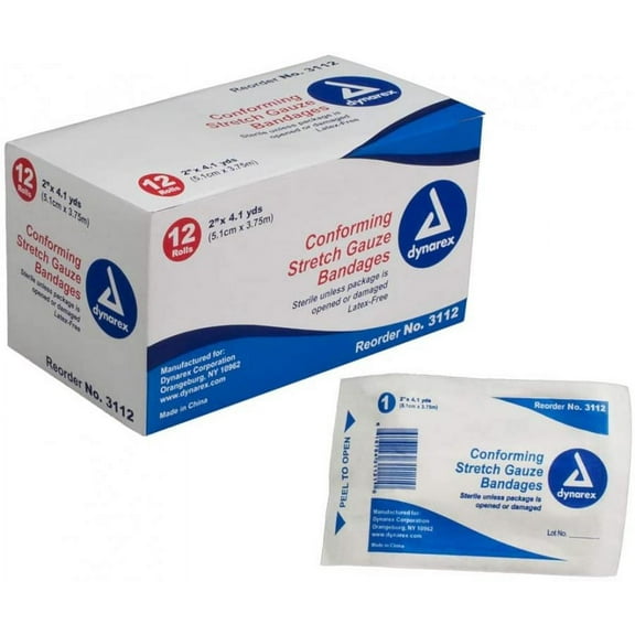 Dynarex Conforming Stretch Gauze Bandage, 2 Inches x 4.1 Yards, White, 12 Count
