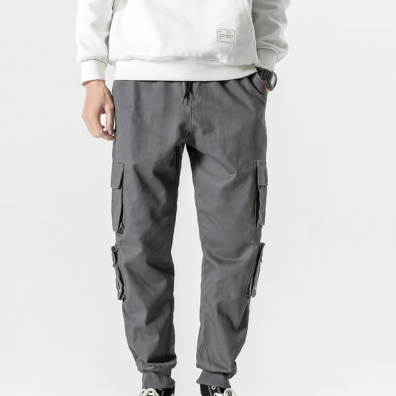 Men's Fashion Cargo Pants Elastic Waist Hip Hop Solid Color Relaxed Fit Trousers Work Casual Sports Cargo Pants