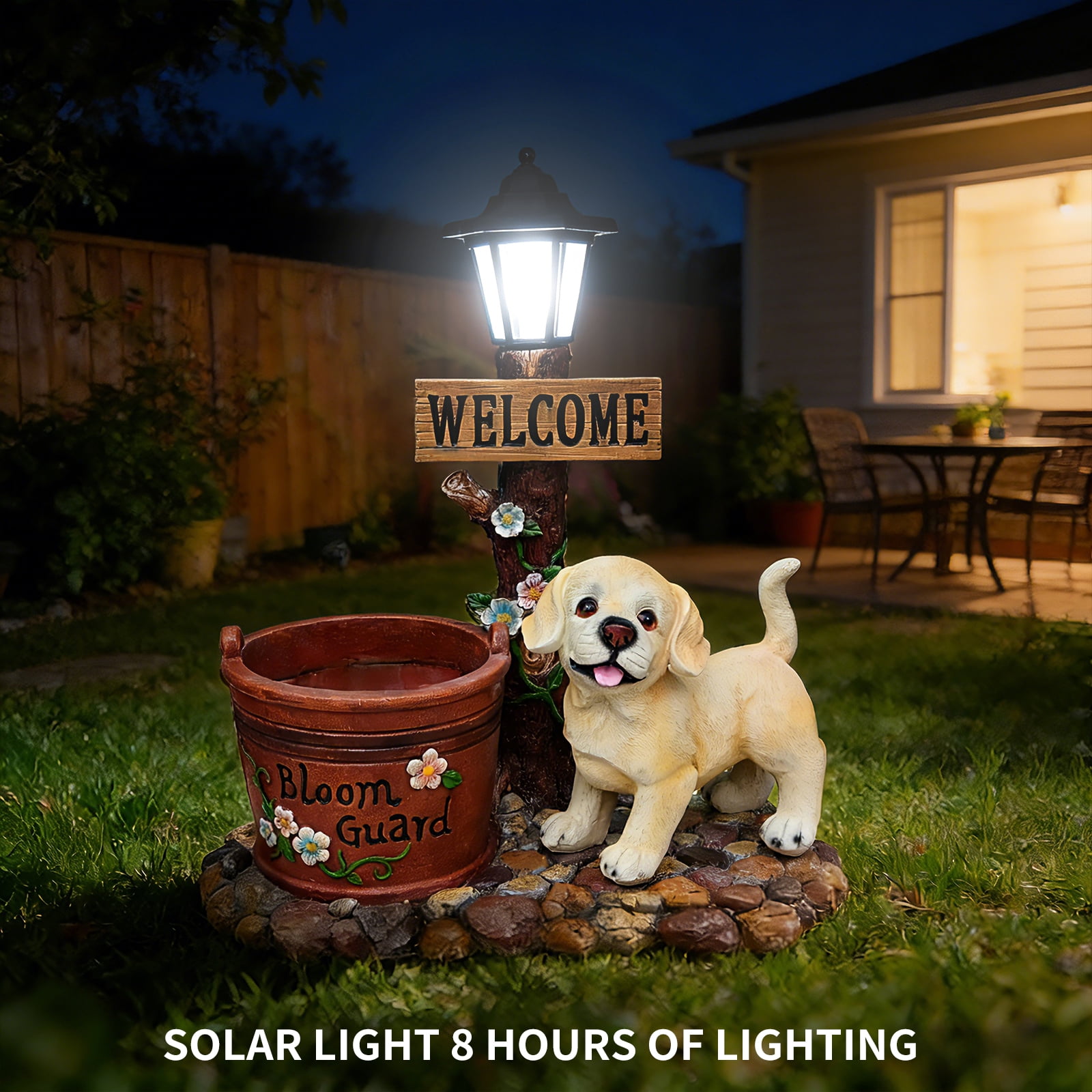 18.9'' Solar Labrador Puppy Solar Planter Garden Statue with LED Light,Outdoor Decorative Animal Figurines,8-10 Hour Working Time,Floral Basket Design,Lawn Yard Decor,Brown