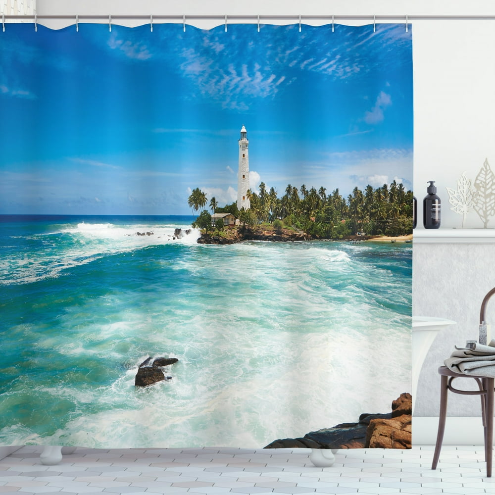 Lighthouse Decor Shower Curtain Set, Tropical Island Lighthouse With Palm Trees Rocks Wavy