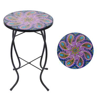 Outdoor Side Table Mosaic End Table Patio Side Table Small End Table Glass Top Round Balcony Coffee Table Porch Indoor Glass Top