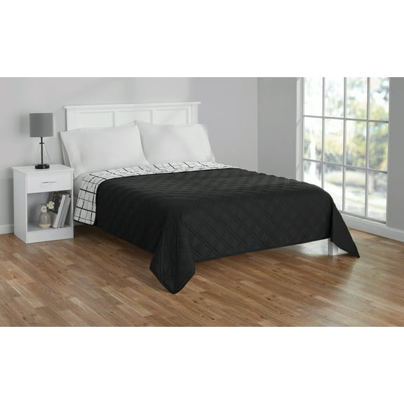 Mainstays Full/Queen Quilt – Soft Microfiber – Black Plaid – Lightweight & Reversible Bedding