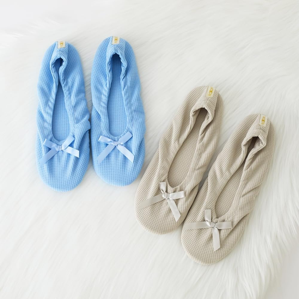 Roxoni Women's Flat Slip On Terry Classic Cotton & Velour Ballerina Slippers Pack of 2