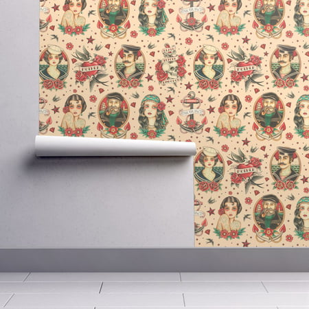 Peel-and-Stick Removable Wallpaper Tattoo Beige Red Blue Vintage Decor