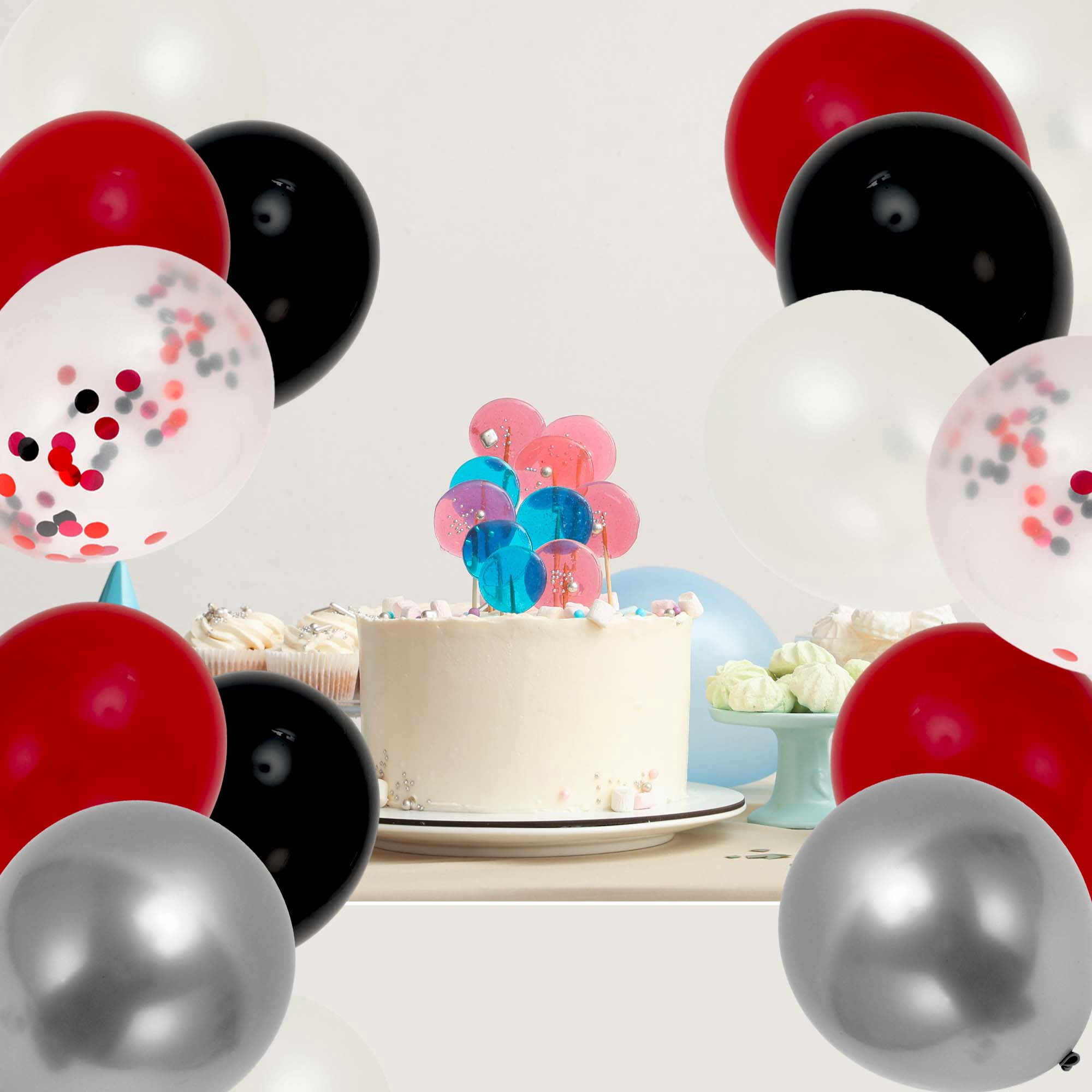 Unique Bargains Latex Party Balloons with Ribbon Red White Black Silver 12Inch 50Pcs
