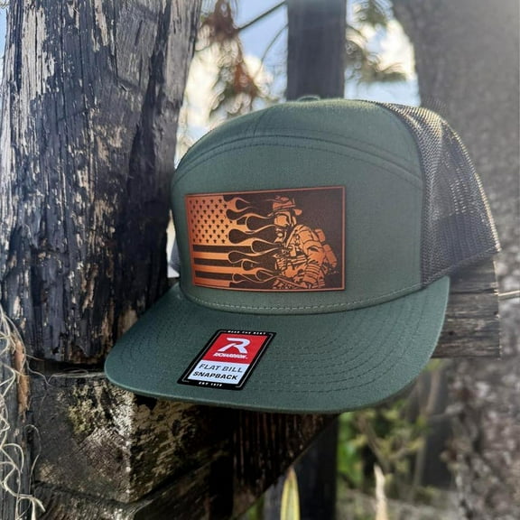 Firefighter Flag Hat, Leather Patch Hat, Richardson 168 Flat Bill Snapback, Fireman Gift, Patriotic Trucker Hat