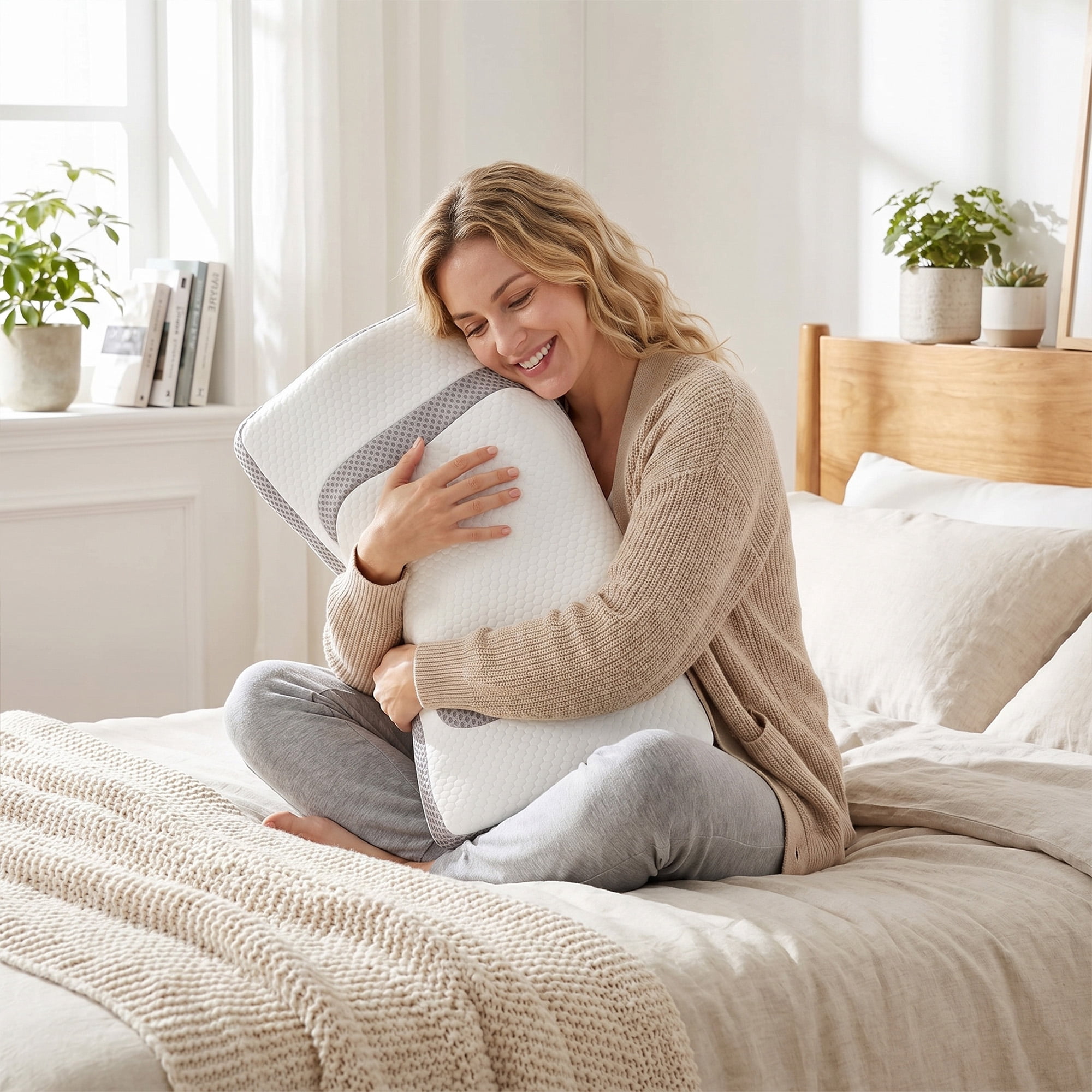 EDX King Size Square Cervical Pillows Memory Foam Double-Sided Pillow for Neck Pain Relief- Removable Cover,White and Gray