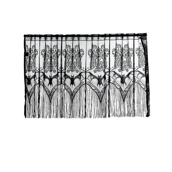 Halloween Lace Curtain,Gothic Skull Bat Pattern Sheer Short Cafe Curtain with Tassel for Kitchen Bedroom 20.5x59.1 Inch