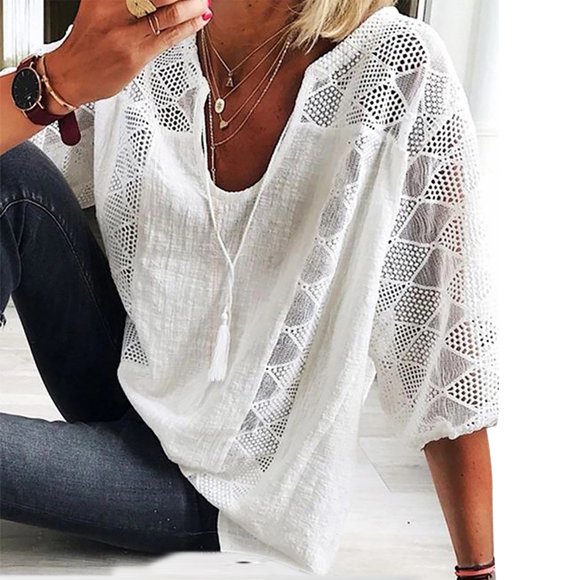 Meichang 3/4 Sleeve Lace Shirts for Women Patchwork Tunic Tops Tie Front U-Neck T Shirts Casual Solid Color Blouses Loose Fit Lightweight Pullover