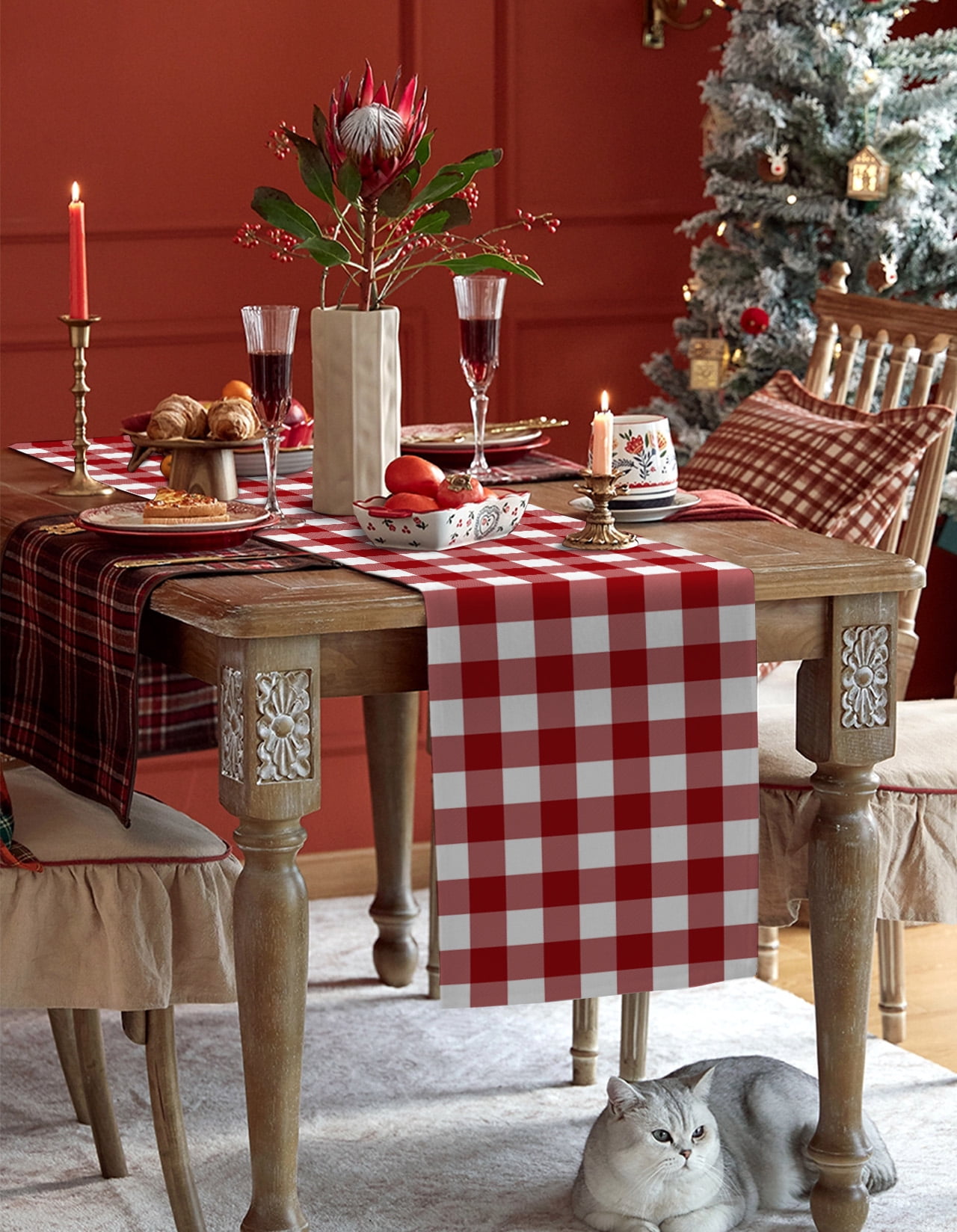 Farmhouse Buffalo Plaid Table Runner Red White Checkered Tablerunners 14 x 72 Inch, Table Decorations Tabletop Scarf for Summer Gathering Holiday Farmhouse Kitchen Dining Decor