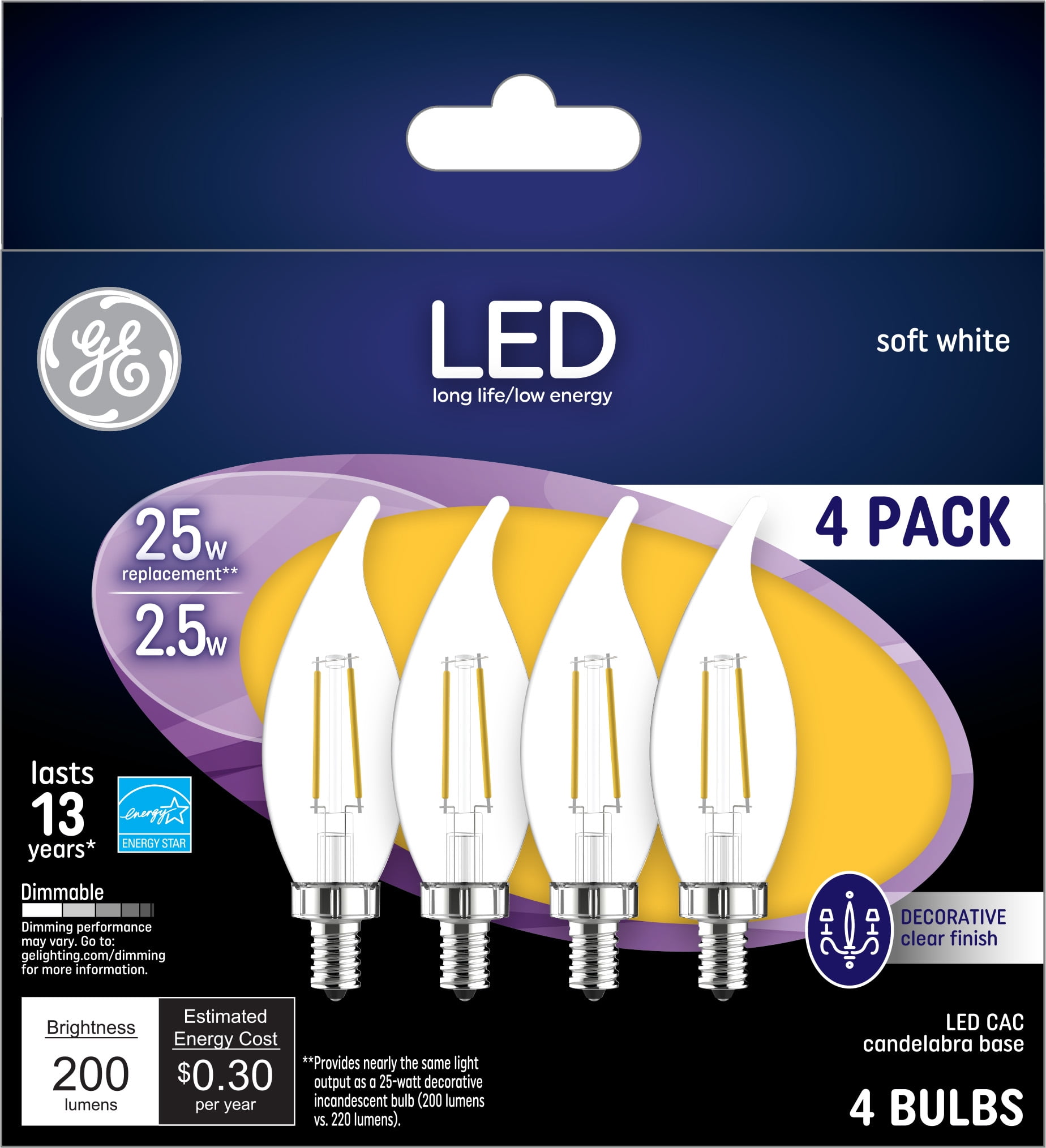 GE LED Decorative Light Bulbs, Soft White, 25 Watt Eqv, 13 Year, 4pk