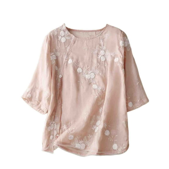 miqiqism Juniors Trendy Embroidered Blouses Comfy Basic Pure Color Tops Teen Girls Round Neck Pullover Shirts Lady Casual 3/4 Sleeves Curved Hem Clothing,PinkMedium