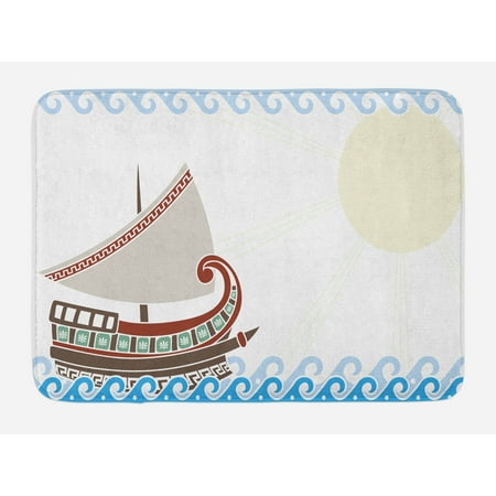 Toga Party Bath Mat, Ornate Ship Floating on Classic Greek Style Ocean Waves Faded Sun, Non-Slip Plush Mat Bathroom Kitchen Laundry Room Decor, 29.5 X 17.5 Inches, Pale Blue Redwood Umber, (Best Floating Floor For Kitchen)