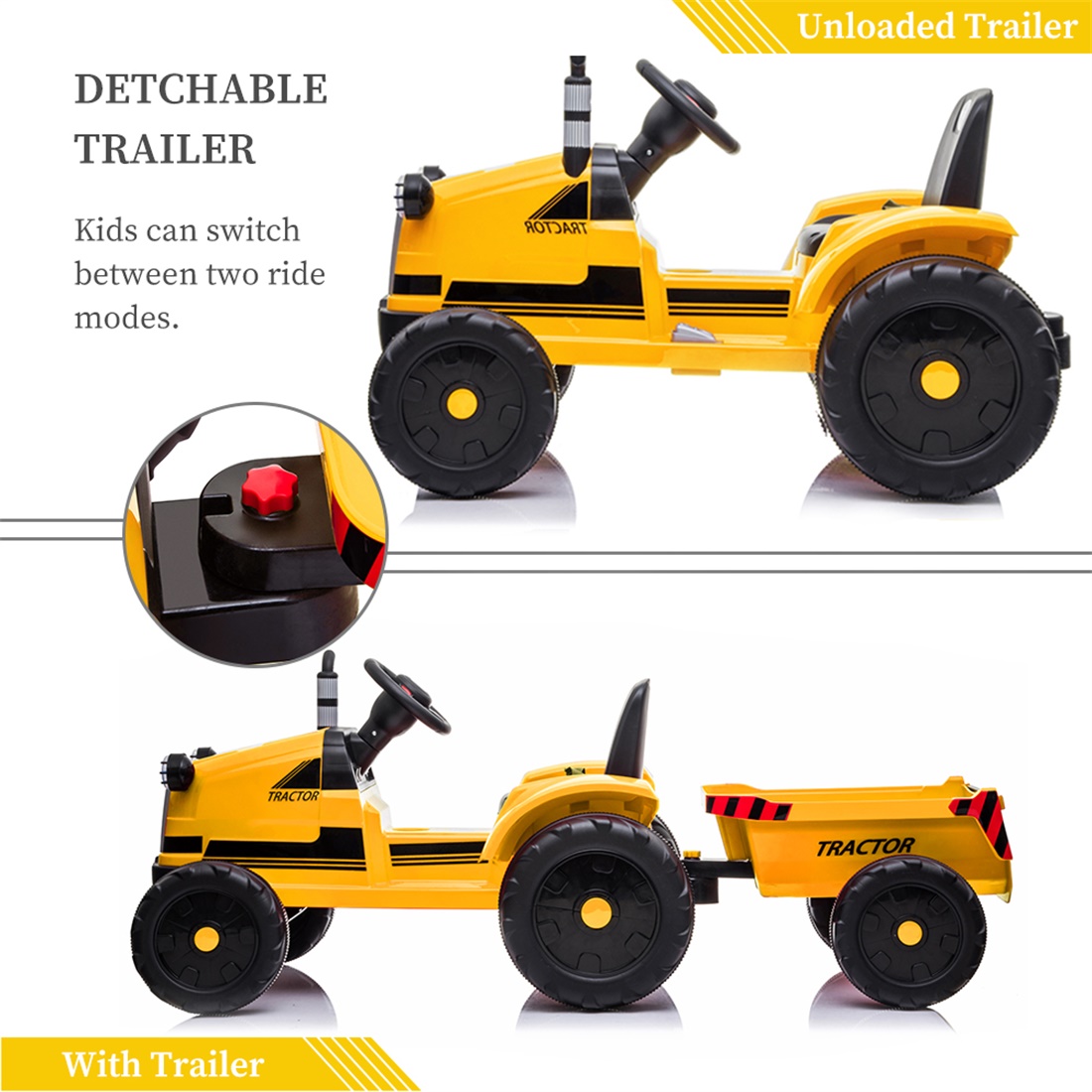 Private Jungle Ride on Tractor, Battery-Powered Toy Tractor with Trailer, 3-Gear-Shift Ground Loader Ride On with LED Lights and USB&Bluetooth, Yellow, Unisex