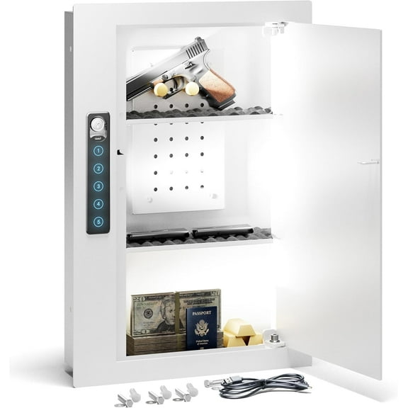 Quick Access Hidden Wall Safe with Removable Pegboard & Adjustable Shelves – Flat Recessed Security Cabinet Fits Between 16" Wall Studs for Home or Office Use