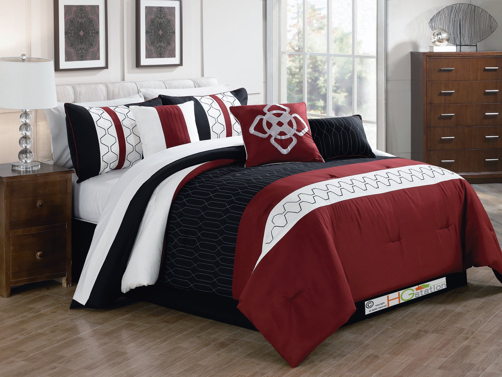 11 Pc Bed In A Bag Comforter Sheet Set Quilted Embroidery Geometric 11 Pc Bed In A Bag Comforter Sheet Set Quilted Embroidery Geometric Grate Burdy Red Black White Queen Com