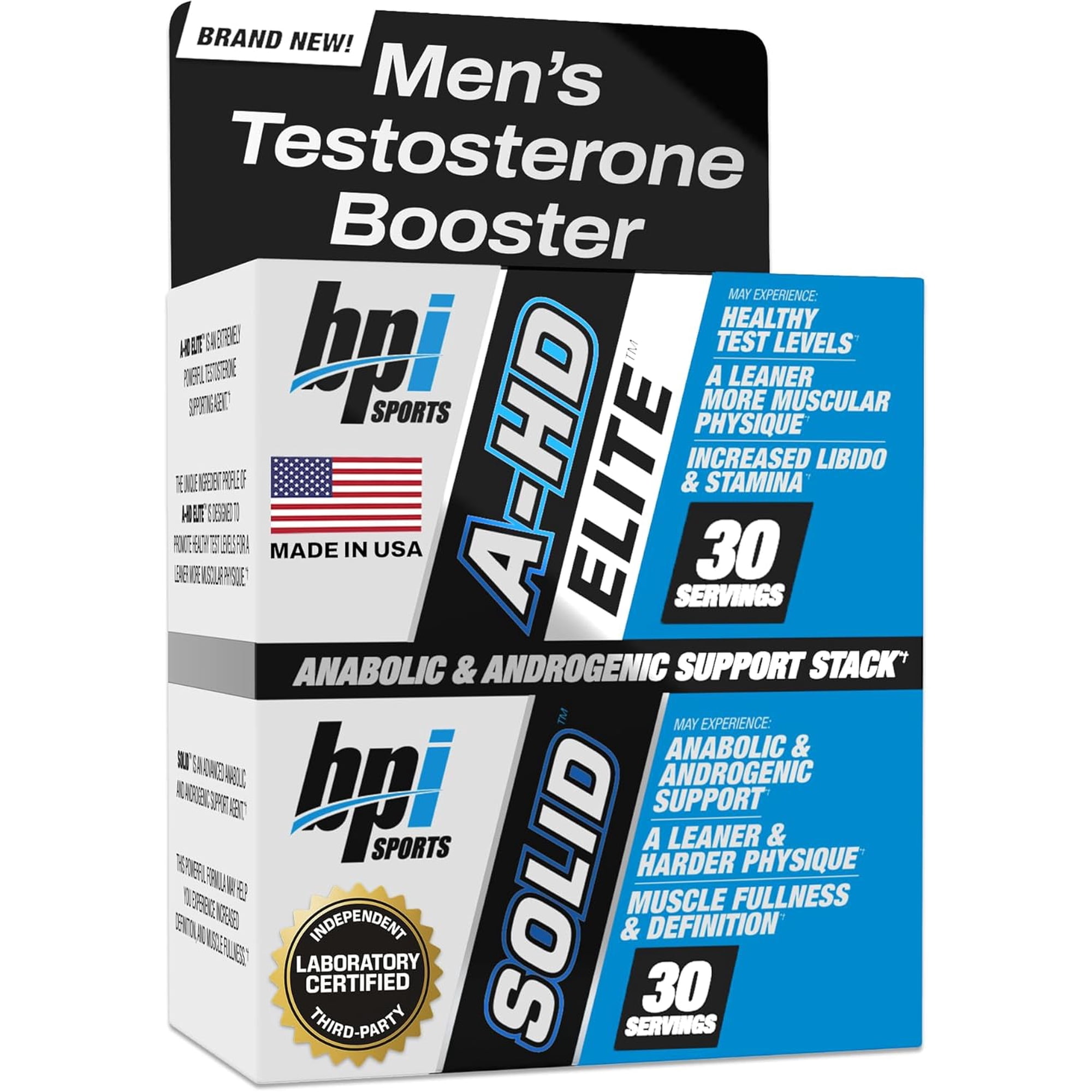 BPI Sports A-HD Elite & Solid Testosterone Booster for Men, Supports Muscle, Strength & Fat Loss, 30 Servings
