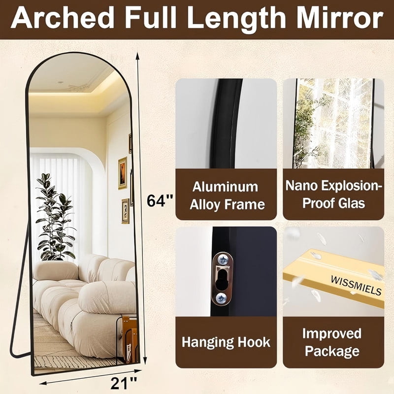 Anyrose 64"x 21.5" Arched Full Length Mirror Wall Mirror with Aluminum Alloy Frame,Black