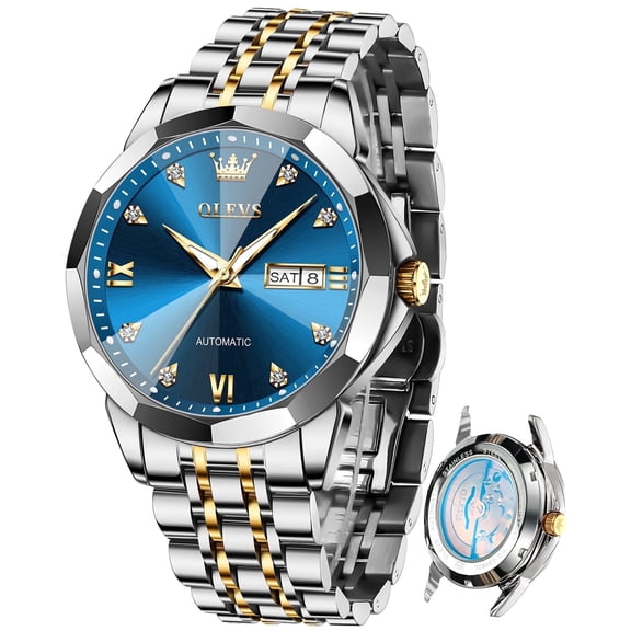 OLEVS Automatic Watches for Men Self Winding Mechanical Luxury Dress Stainless Steel Two Tone Strap Diamond Waterproof Luminous Date Mens Wrist Watches Reloj Para Hombre Black/Blue/White
