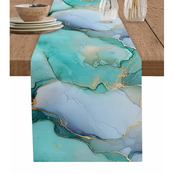 Ldtrchee Teal Table Runner 72 Inches, Abstract Art Modern Marble Ink Painting Bed Runner Dresser Scarves Tabletop for Indoor Outdoor Parties/Ceremony/Banquet, 18" x 72"