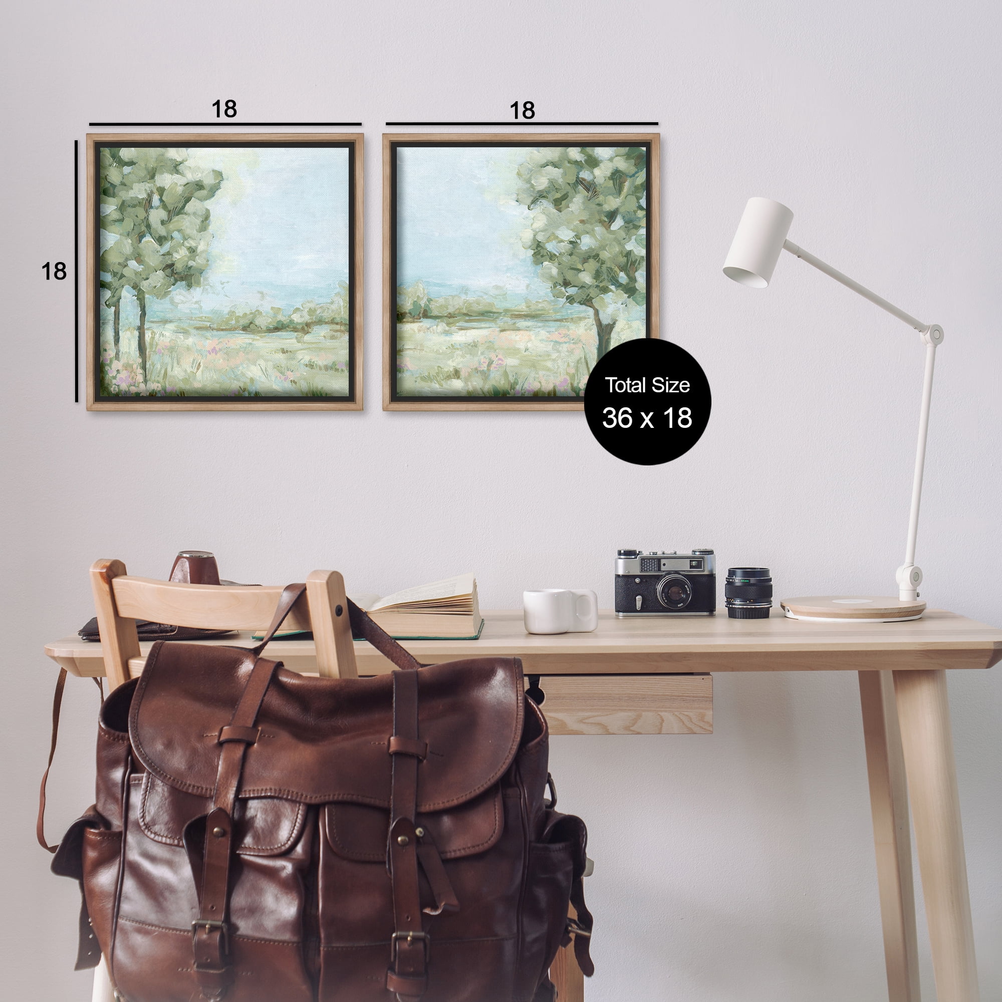 Stupell Industries Bright Spring Field Landscape Landscape & Nature Painting Brown Floater Framed Canvas Art Print Wall Art, 18 x 18, Set of 2