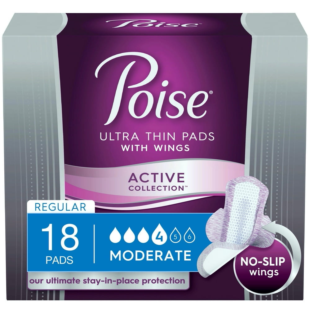 Poise Ultra Thin Incontinence Pads with Wings, Active Collection, Moderate Absorbency, 18 Count