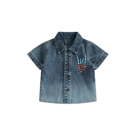 

IZhansean 4th of July Toddler Baby Boys Girls Clothes Short Sleeve Lapel Button Down Denim Tops Independence Day Outfits Blue 2-3 Years