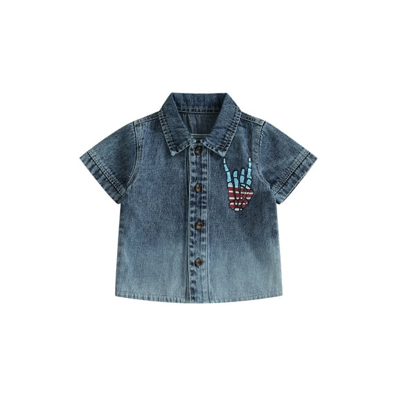 Bagilaanoe 4th of July Toddler Baby Boys Girls Denim Shirt Short Sleeve Print Summer Tops 6M 12M 24M 3T 4T 5T 6T Kids Independence Day Clothes