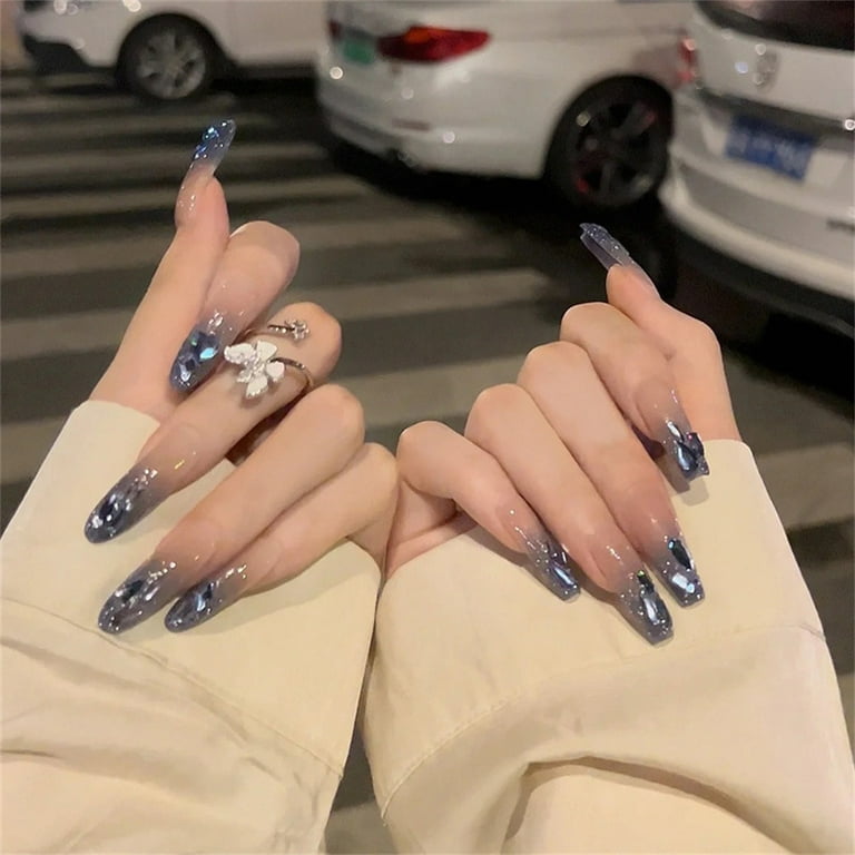 24pcs Reusable Blue Nail Art Artificial Nails Unique Trendy Pattern Nail  Pieces for Nail Art Beginners Practice 
