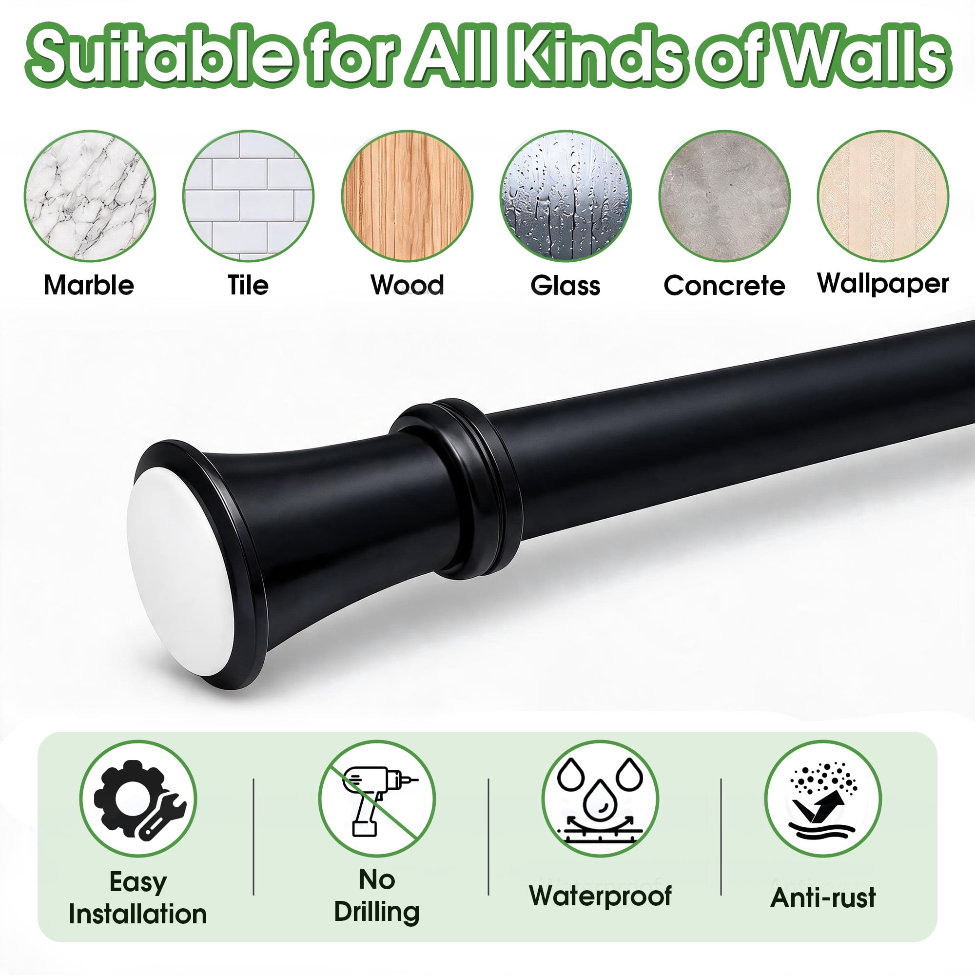 40.55‑78.78 Inch Adjustable Tension Curtain Rod, No‑Drill Shower Curtain Rod, Black Spring Tension Rod, Non‑Slip Window Curtain Rod for Bathroom, Closet, Doorway