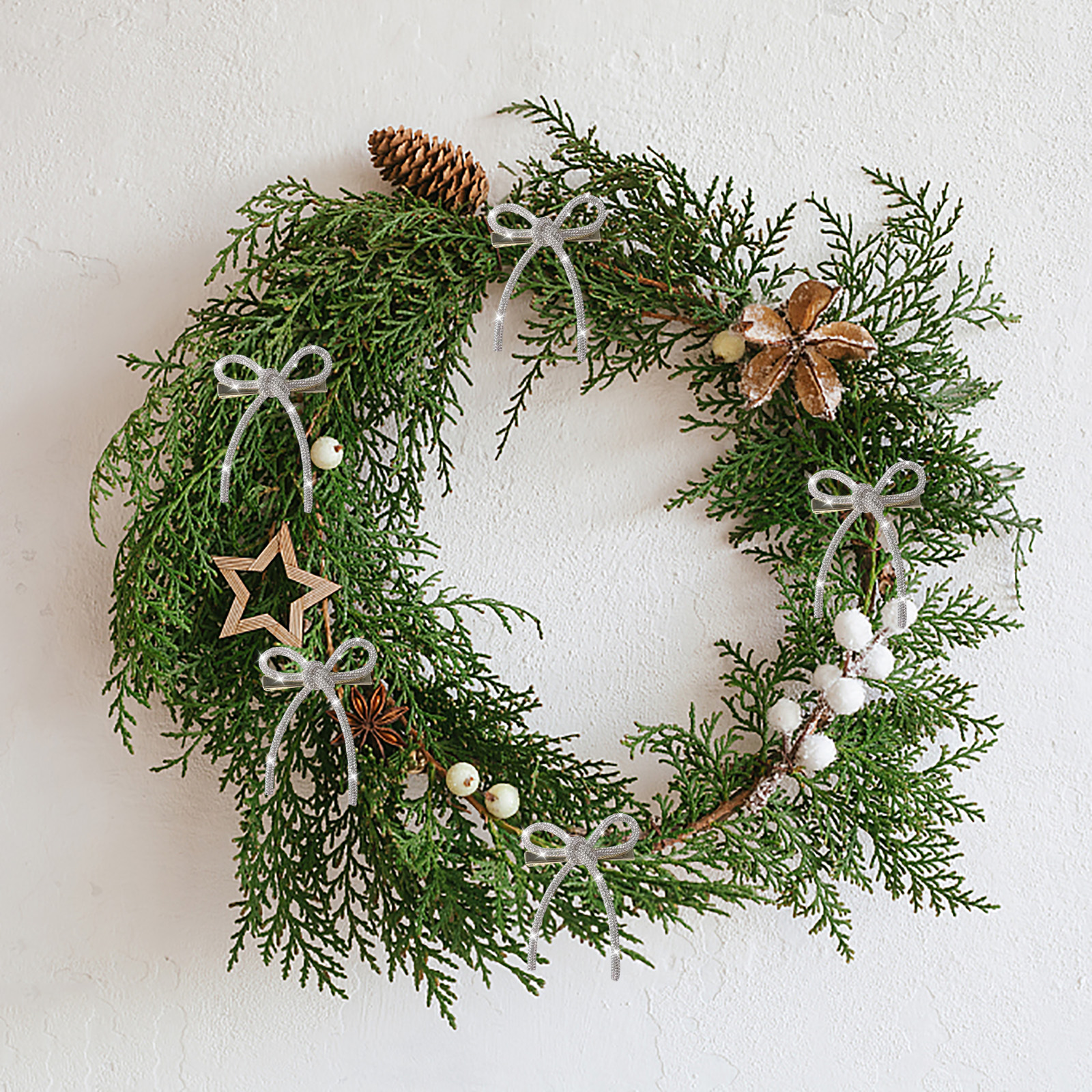24 Pcs Glitter Christmas Bows Ornaments with Clip Metal Shiny Christmas Tree Decorations Bows for Wreath Garland Xmas Party Decorations Wedding Baby Shower Home Indoor Outdoor