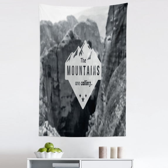 Adventure Tapestry, Mountains are Calling Landscape Picture with Words Art Print, Fabric Wall Hanging Decor for Bedroom Living Room Dorm, 5 Sizes, Grey Dark Grey, by Ambesonne