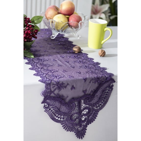 Wedding Linens Inc. 12" x 108" Jasmine Raschel Lace Embroidered Table Runner for Wedding, Events, Décor and Home Decoration use -EggPlant