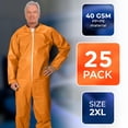 thumbnail image 2 of Disposable Coveralls 71" Long. Pack of 25 Orange Adult Industrial PPE Workwear 2X-Large. Unisex Laminated Polypropylene 40 gsm Body Protective Suits with Open Wrists, Ankles, Zipper in Bulk., 2 of 9