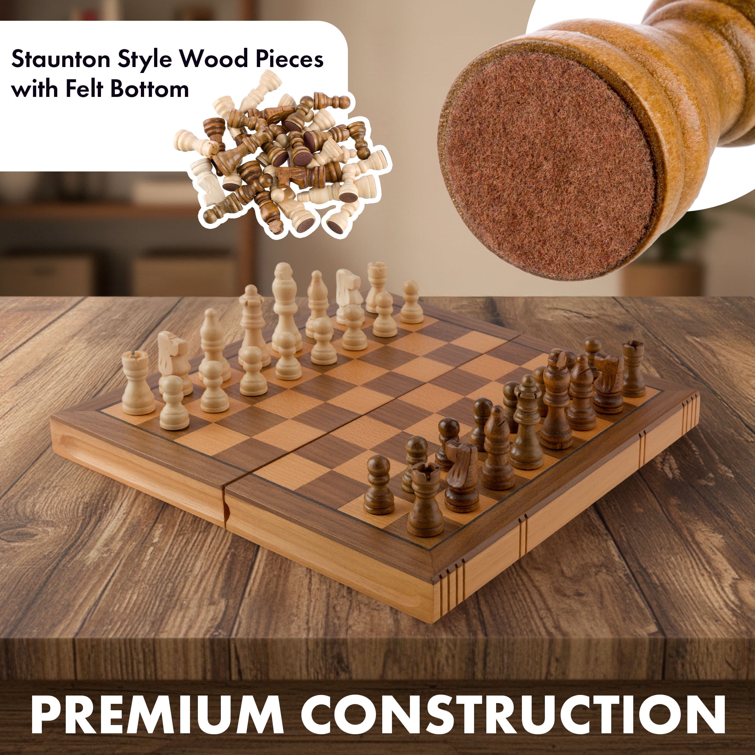 Trademark Games Book-Style Folding Chess Board Interior Storage - Wooden Chess Set for Kids and Adults